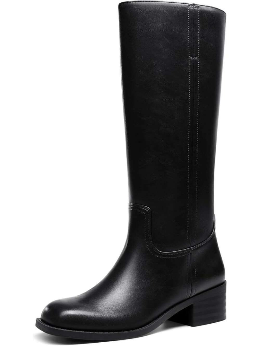 Women's Black Square Toe Chunky Low Block Heel Comfortable Knee High Boots